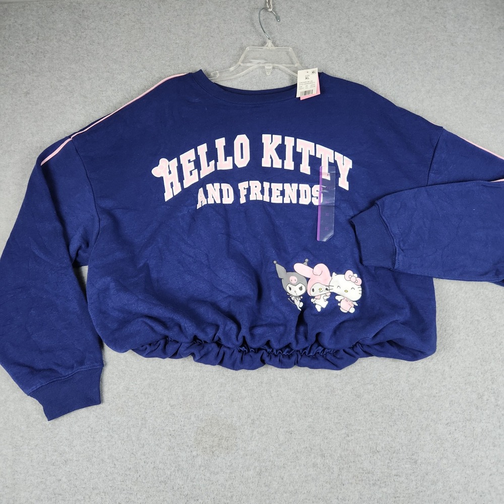 Sanrio Cropped Sweatshirt‎ Women XL Blue Hello Kitty My Melody Kuromi Bubble Hem
